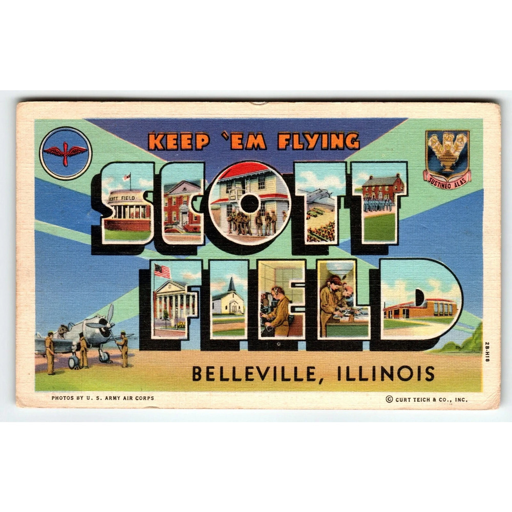 Scott Field Belleville Air Force Base Illinois Large Letter Linen Postcard 1943